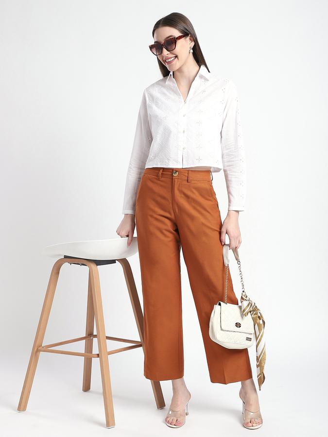 R&B Women Ivory Textured Eyelet Cropped Shirt