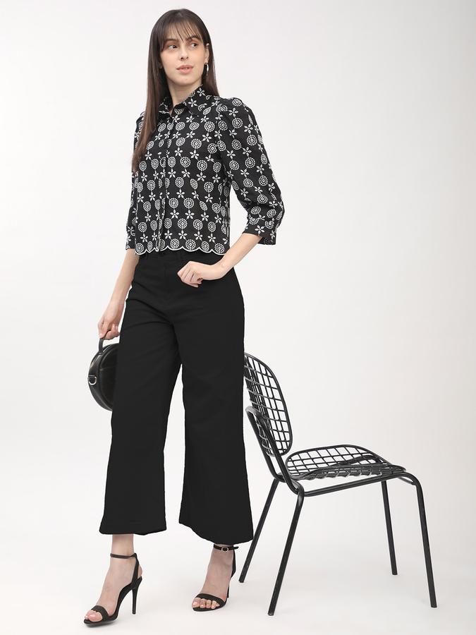 Women's black schiffli shirt with gathered sleeves and scalloped hem image number 1