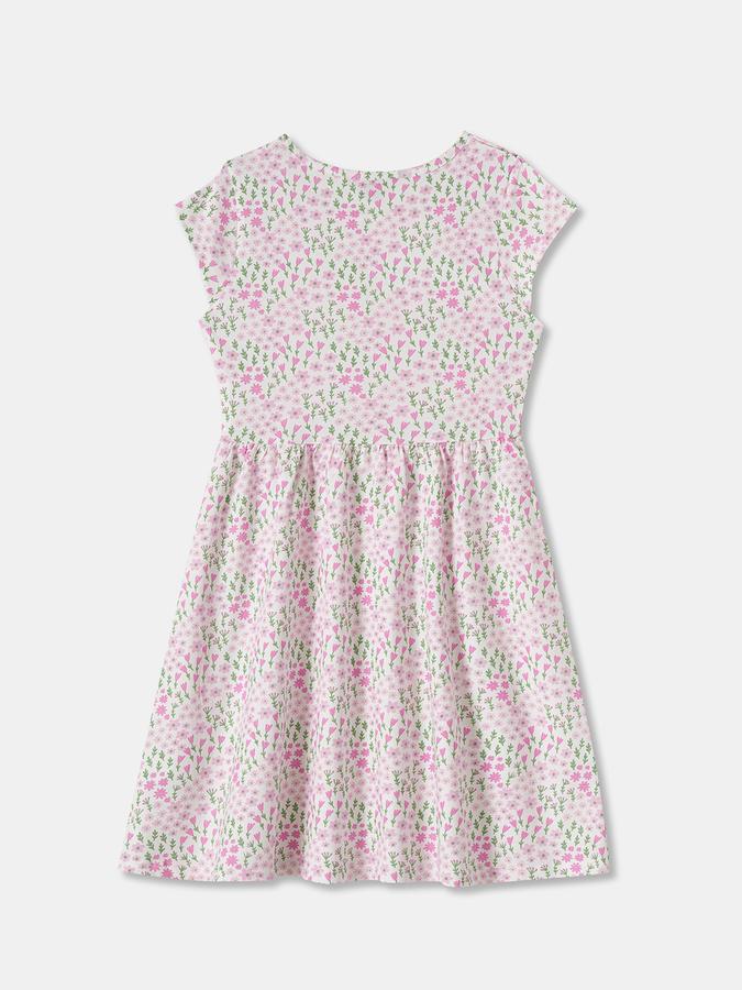 Girls Floral Print Short Sleeves Round Neck Knee Length Dress