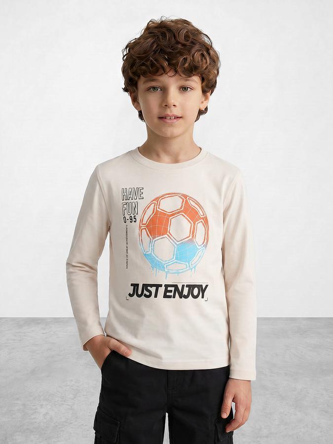 R&B Boys Beige Long Sleeves Round Neck Game On Football Graphics Pure Cotton T-Shirt