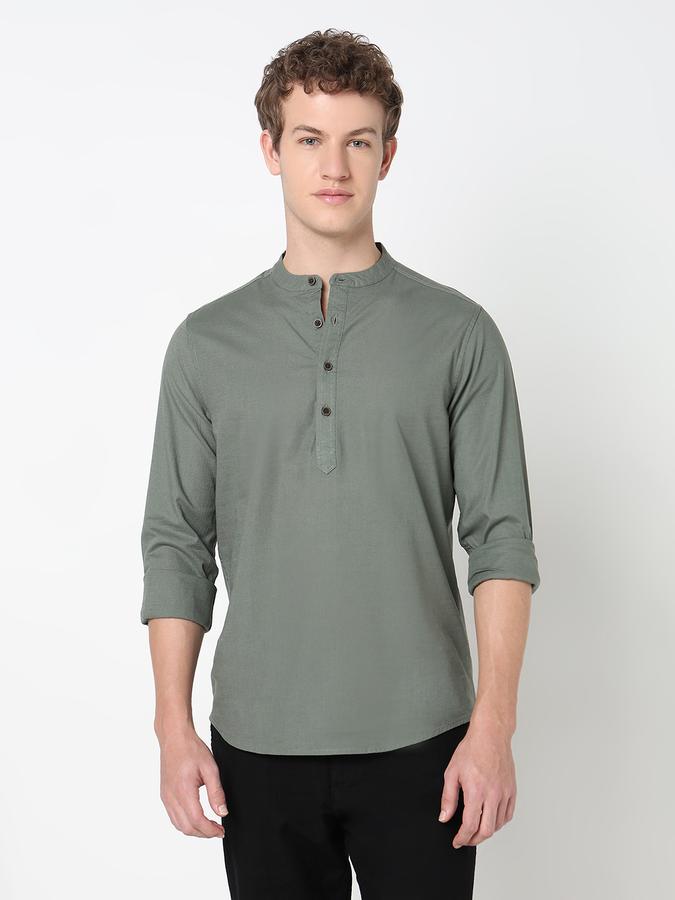 HALF PLACKET KURTA SHIRT - SLUB SHIRT SOLID SINGLE POCKET SLIM FIT image number 1