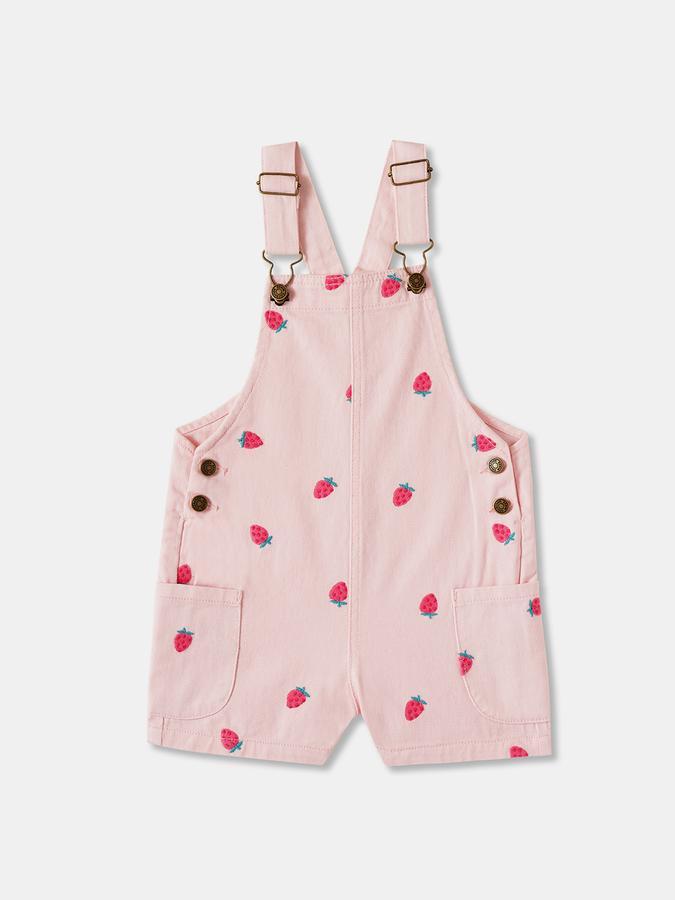 Girls Cotton Floral Adjustable Straps Straight Hem Dungaree