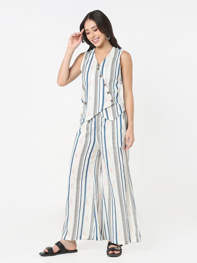 Women's regular fit sleeveless striped assymetrical vest and trouser set  image number 1