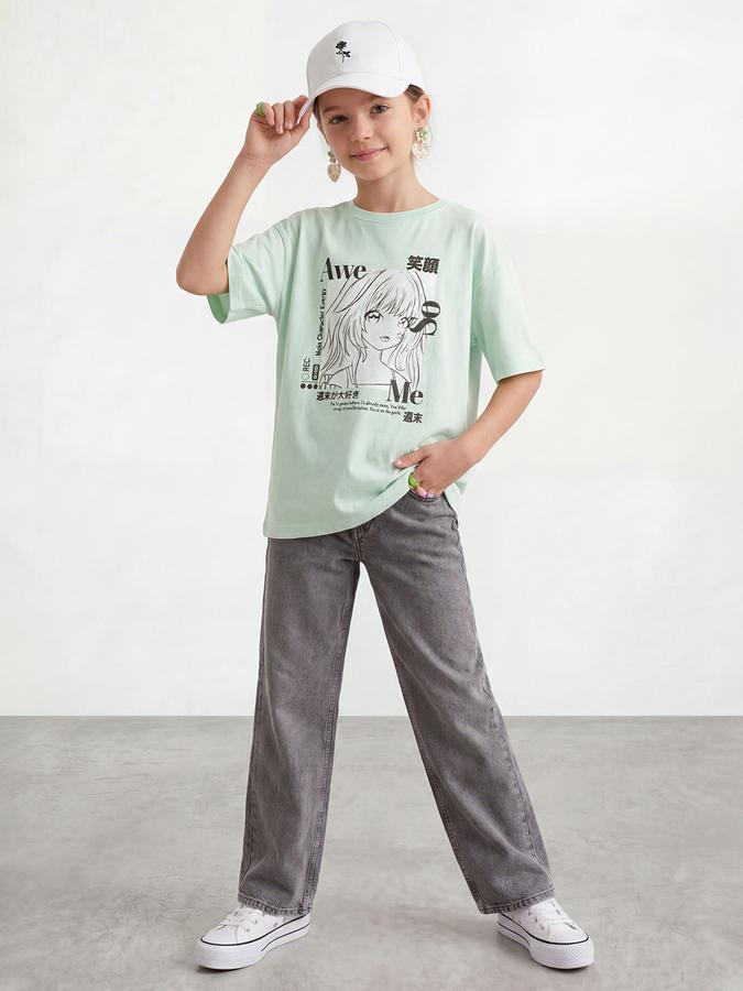 R&B Girls Green Kawaii Print Regular Fit Round Neck Half Sleeve T-Shirt