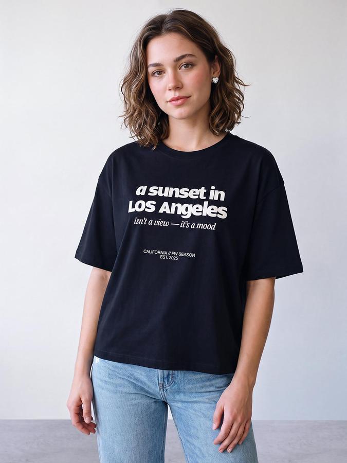R&B Women Dark Blue Typography Pure Cotton Round Neck Short Sleeves T-Shirt