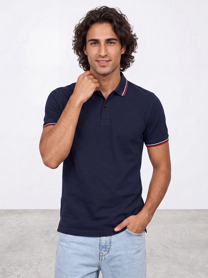 R&B Men Ink Blue Solid Short Sleeves Tipping Polo Collar Tshirt