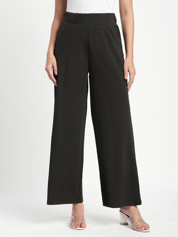 R&B Women Olive Solid Wide-Leg Trousers