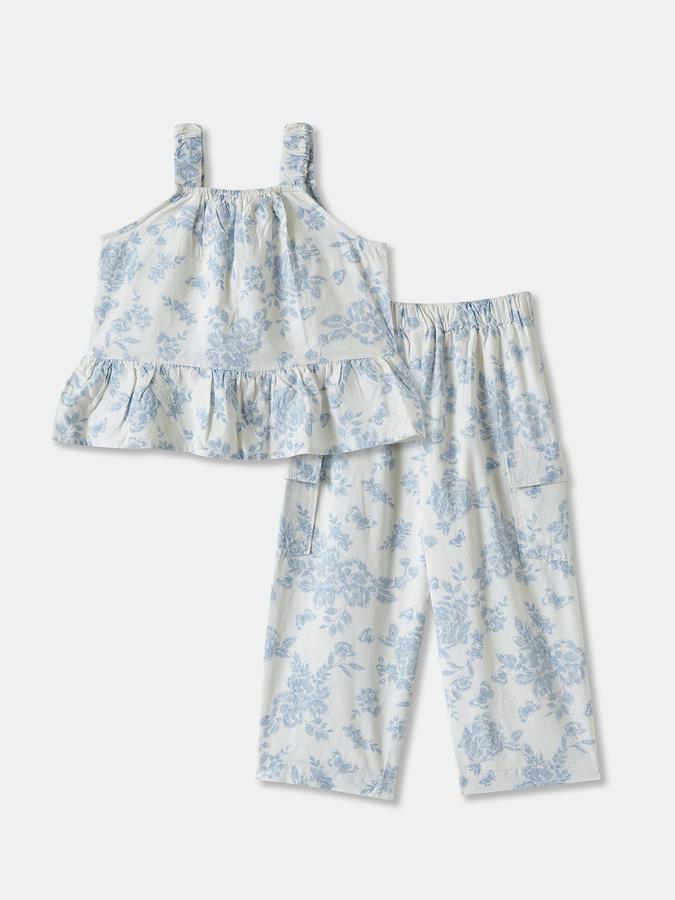 Girls Floral Print Sleeveless Ruffled Top with Trousers Set