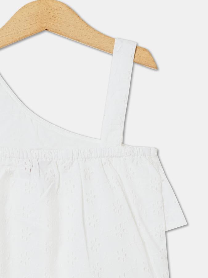 Girls Cotton Relaxed Fit Asymmetric Neck Short Sleeve Ruffled Eyelet Top