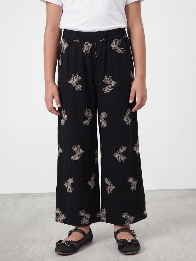 R&B Girls Black Wide Leg Printed Mid-Rise Cotton Trouser