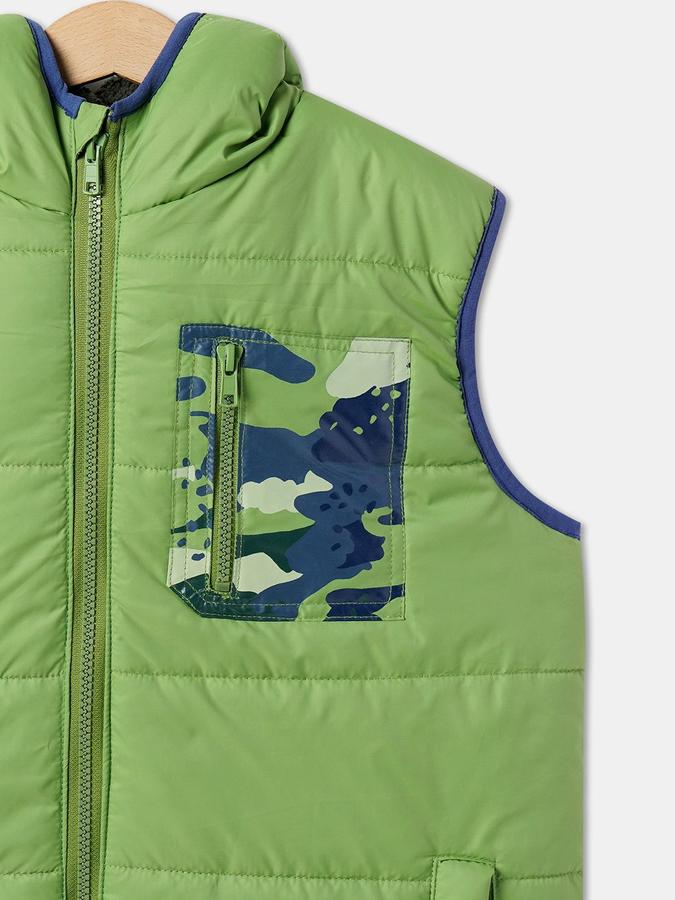 R&B Boys Green Sleeveless Solid Hooded Neck Bomber Jacket