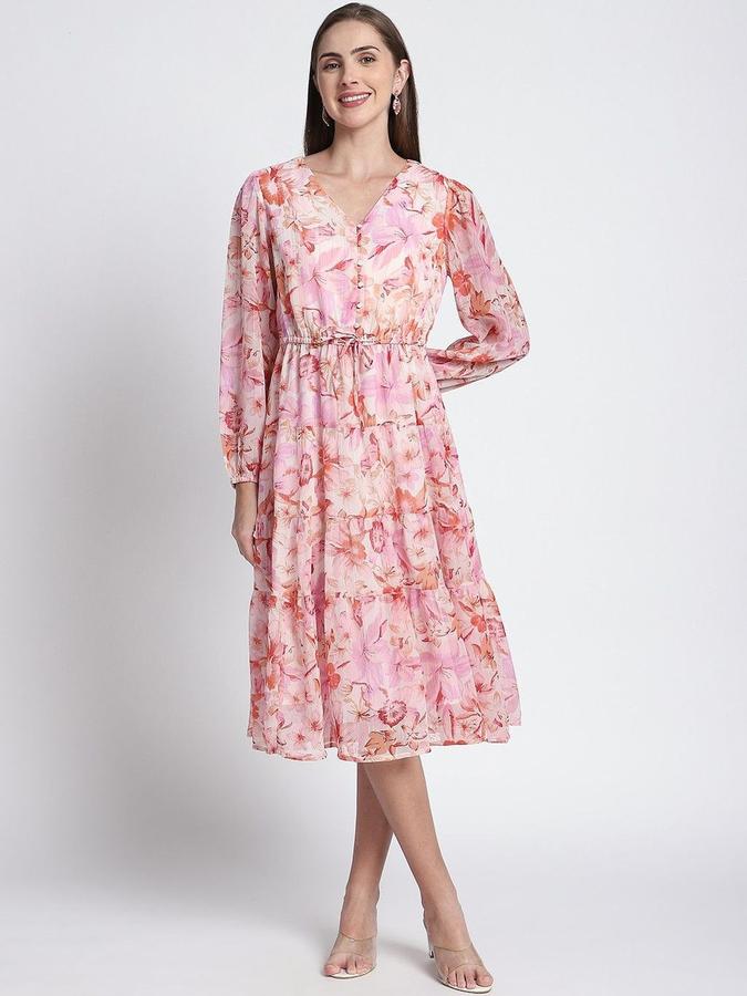 R&B Women Red Floral Long Sleeves V-Neck Midi A-Line Dress