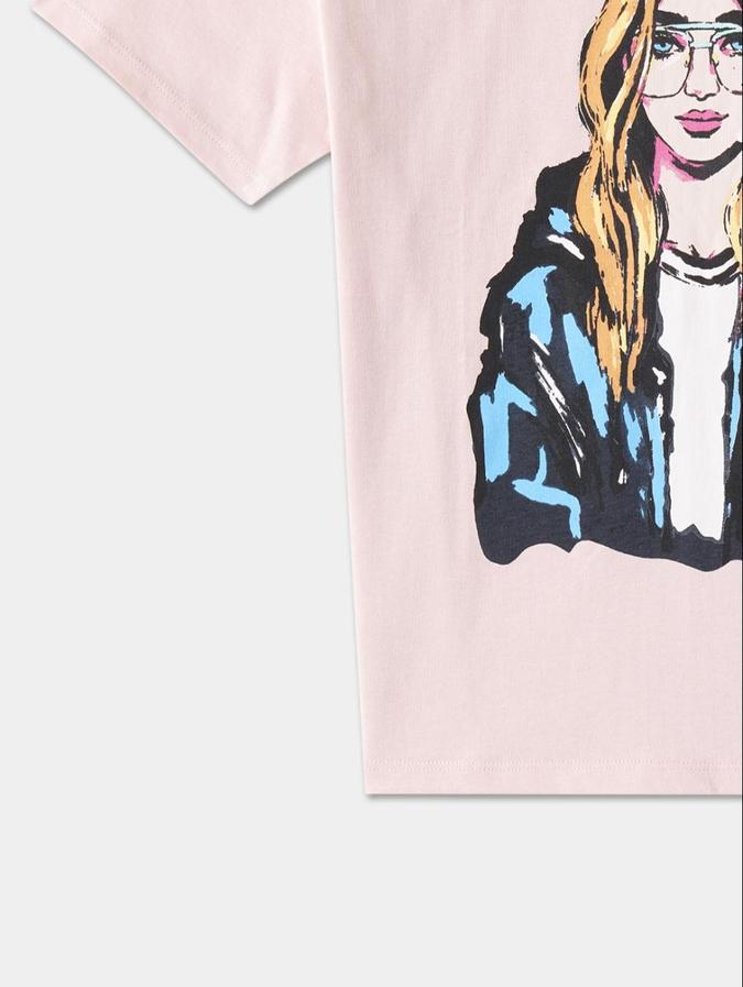 R&B Pink Cotton Round Neck Printed Girl T-Shirt