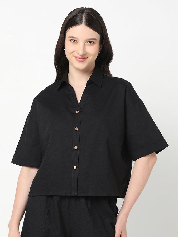 R&B Women Black Solid Half Sleeves Cuban Collar Shirt