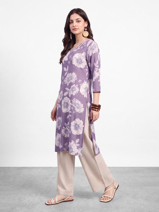 R&B Womens Lavender Three-Quarter Sleeves V Neck Floral Printed Straight Kurta