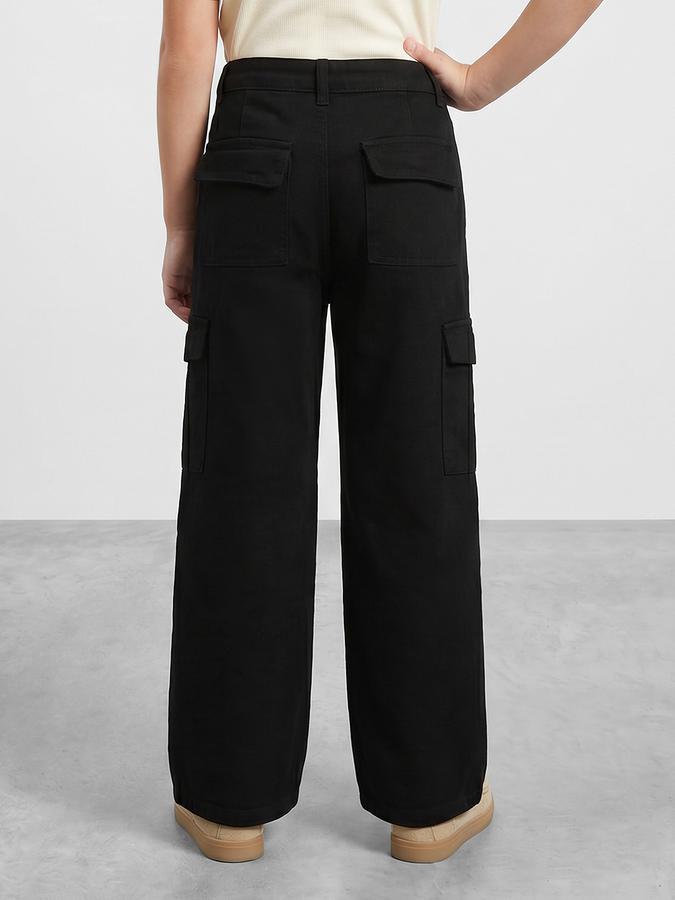 R&B Girls Black Wide Leg Solid Mid-Rise Cotton Trouser