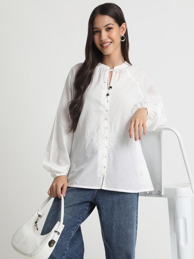 Women Cotton Relaxed Fit Tie Neck Embroidered Top