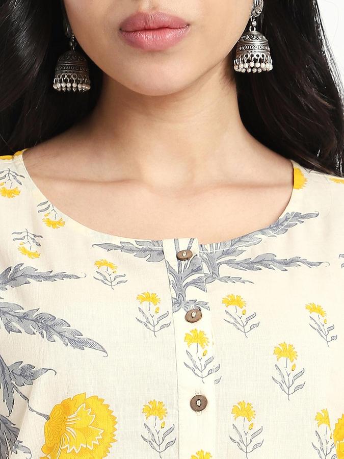 R&B Women Yellow Floral Print Round Neck Knee Length Pure Cotton Ethnic Kurta