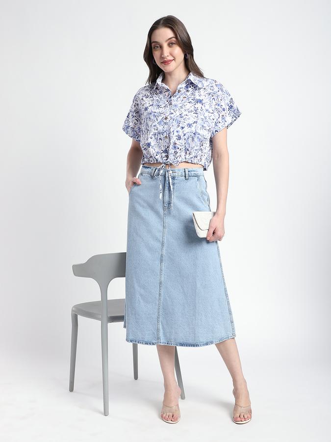 R&B Women Blue Floral Print Tie-Front Cropped Shirt