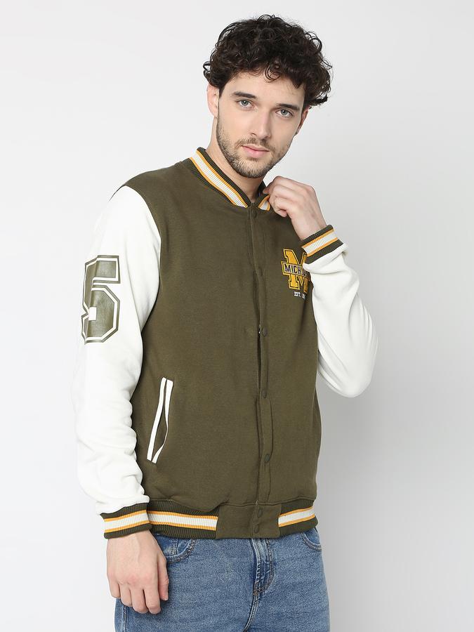 Men Cotton Regular Fit Patched Varsity Jacket