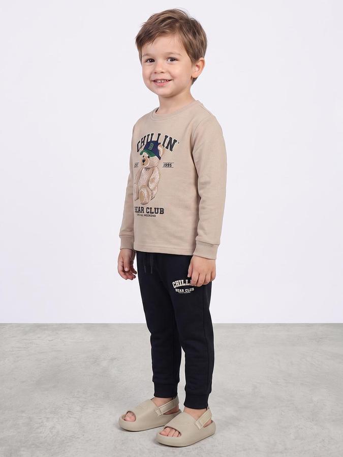 R&B Boys Beige Teddy Bear Print Round Neck Sweatshirt and Joggers Lounge Set
