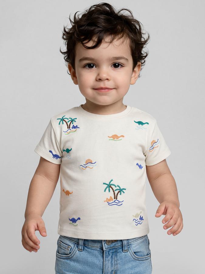 R&B White Graphic Print Boys Round Neck Regular Fit Short Sleeves T-Shirt 