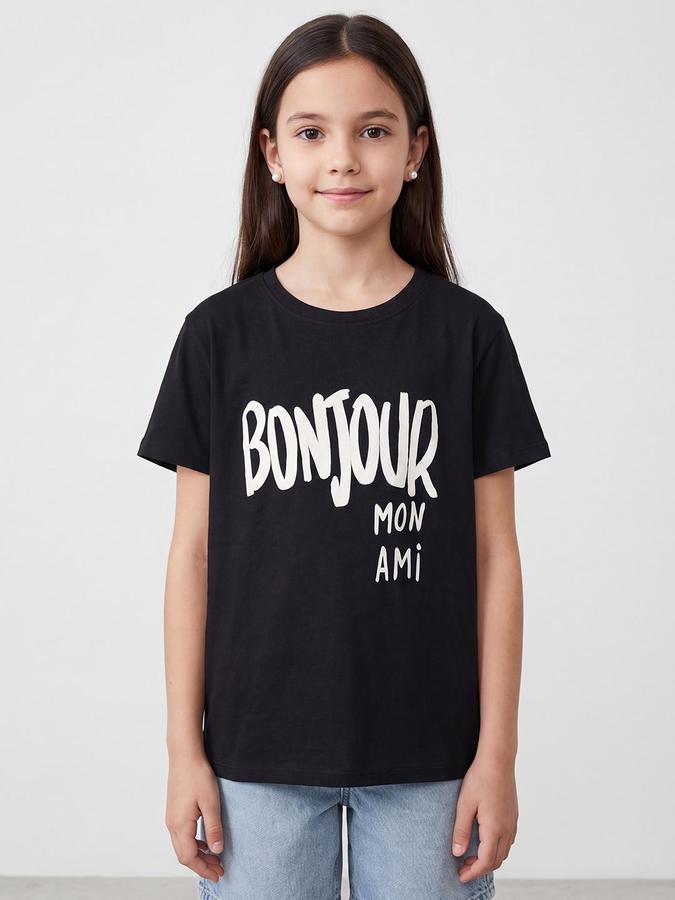 R&B Girls Black Typography Print Short Sleeves Round Neck Pure Cotton T-Shirt