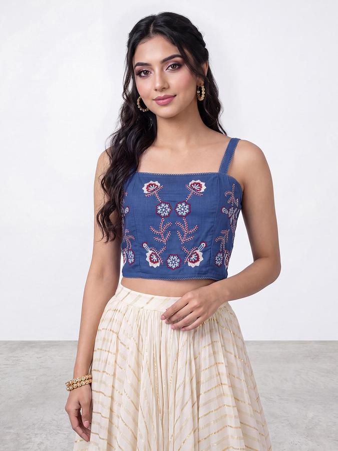 R&B Womens Blue Square Neck Sleeveless Floral Embroidered Strappy Fitted Crop Top