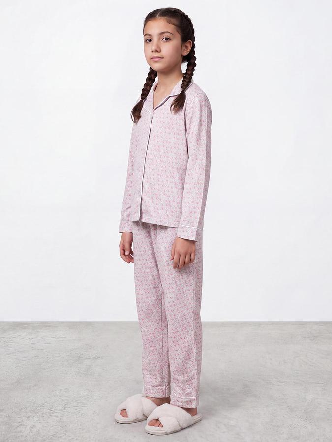 R&B Girls Beige Pure Cotton Floral Print Shirt and Pant Night Suit