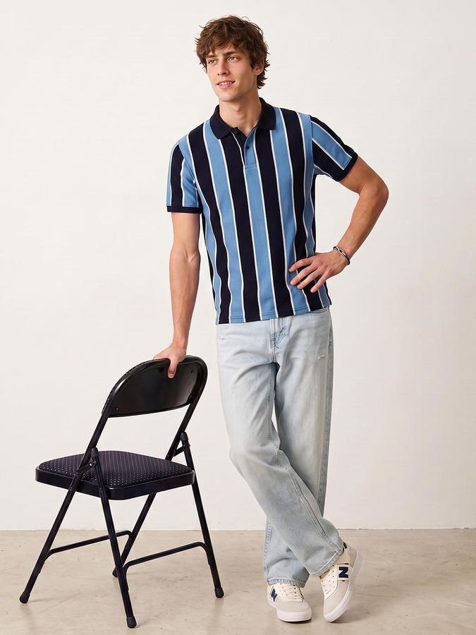 R&B Men Navy Striped Short Sleeves Polo Collar Pure Cotton T-Shirt