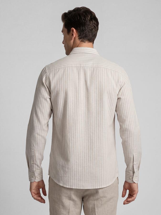 R&B Beige Striped Men Spread Collar Long Sleeves Shirt