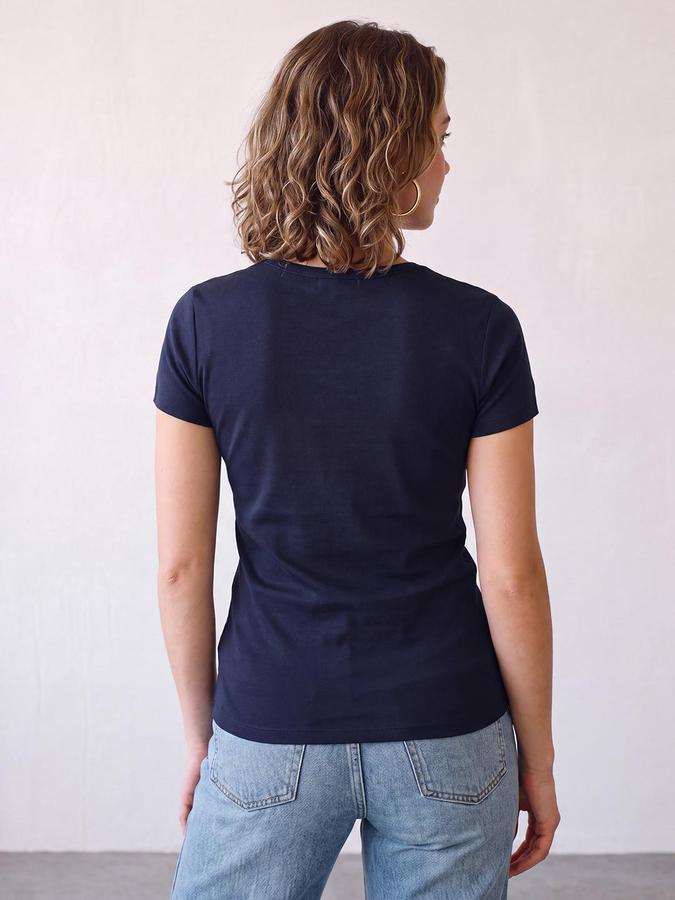 R&B Women Blue Typography Round Neck Short Sleeves T-Shirt
