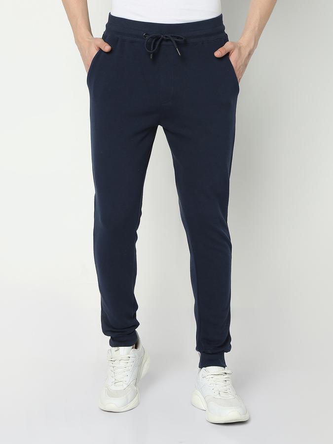 Men Cotton Regular Fit Drawstring Waist Solid Trousers