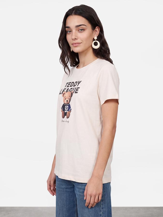 R&B Women Off White Teddy Printed Short Sleeves Tshirt
