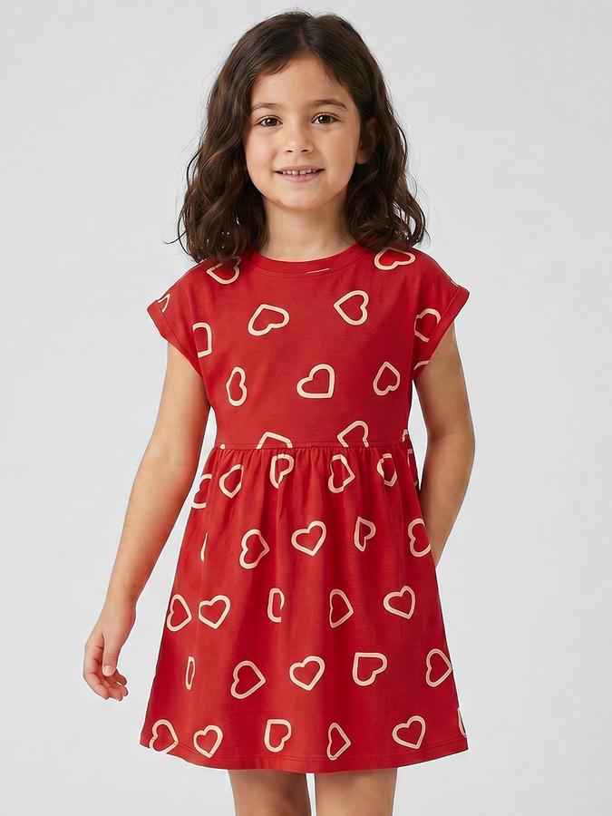 R&B Red Cotton Printed Girls Dresses
