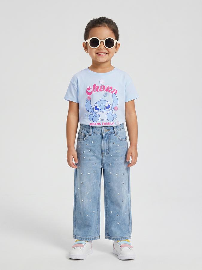 R&B Girls Blue Regular Fit Stitch Printed Short Sleeve T-shirt