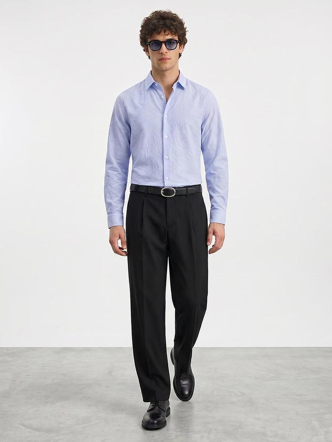 R&B Men Sky Blue Button Down Long Sleeves Textured Shirt