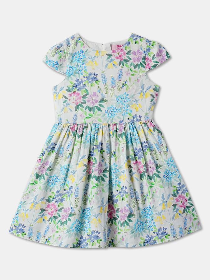 Girls Floral Print Short Sleeve Round Neck Fit and Flare Dress