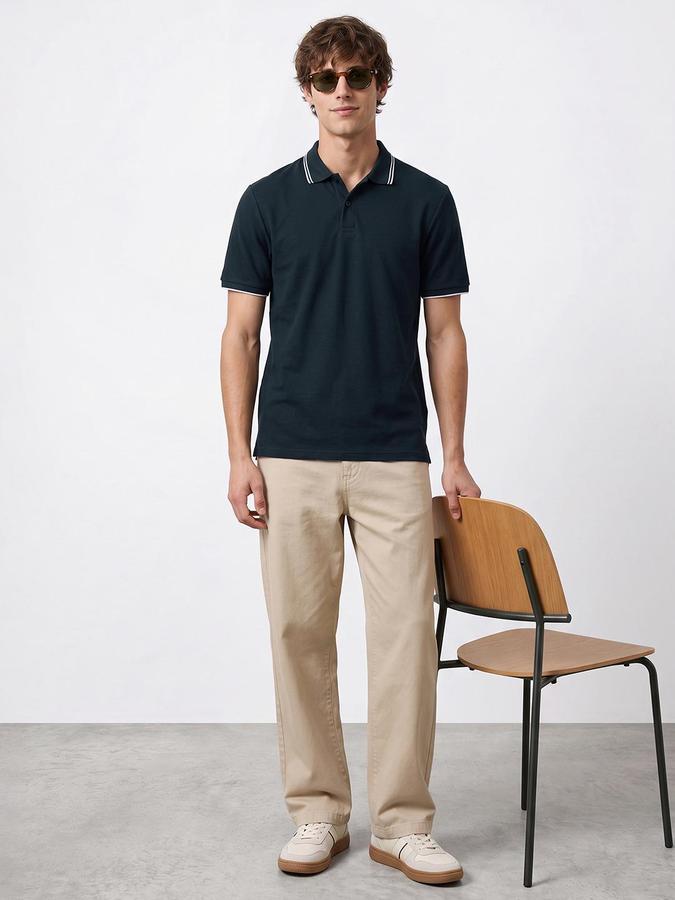 R&B Men Dark Green Textured Short Sleeves Polo Collar T-Shirt