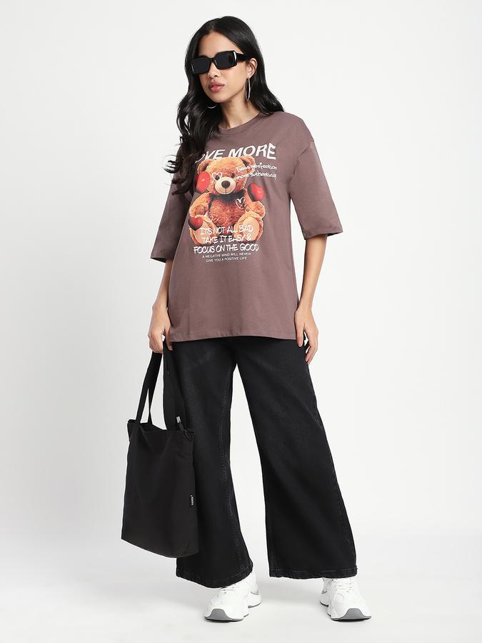 R&B Women Taupe Oversized Teddy Bear Graphic T-Shirt