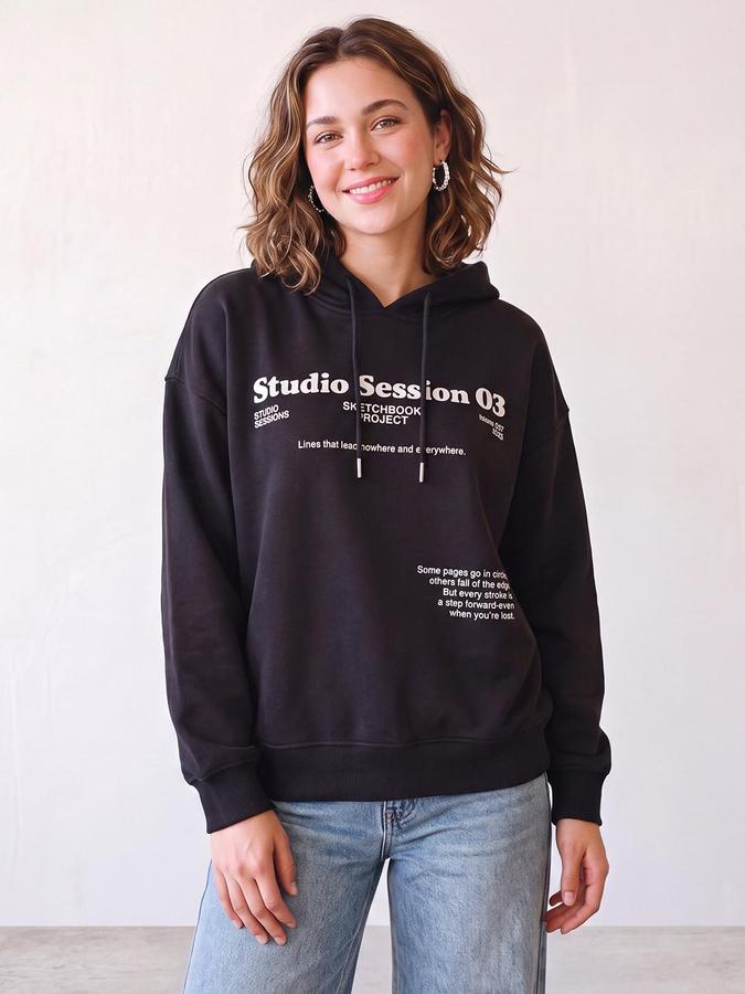R&B Women Charcoal Typography Print Hooded Long Sleeves Sweatshirt