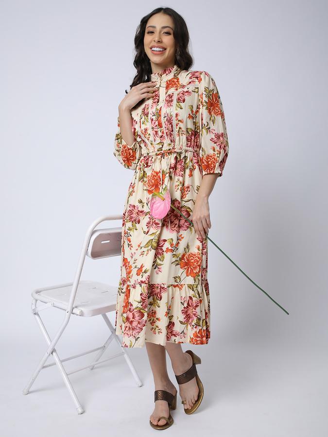 R&B Women Ivory Floral Print High-Neck Dress