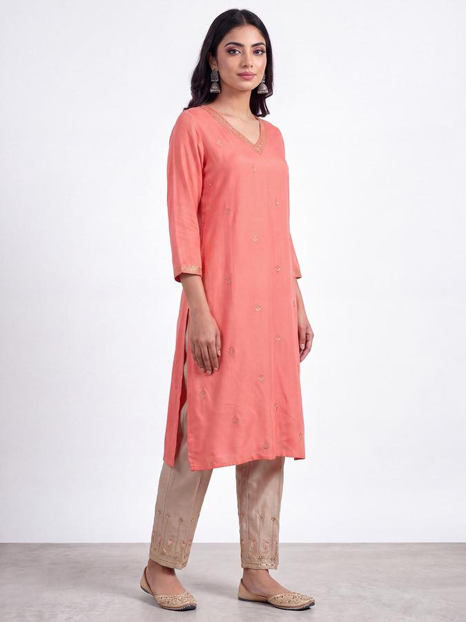 R&B Women Peach Embroidered V-Neck 3/4 Sleeve Straight Kurta