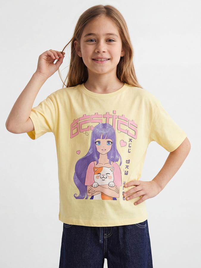 R&B Girls Yellow Regular Fit Kawaii Print Short Sleeve T-shirt