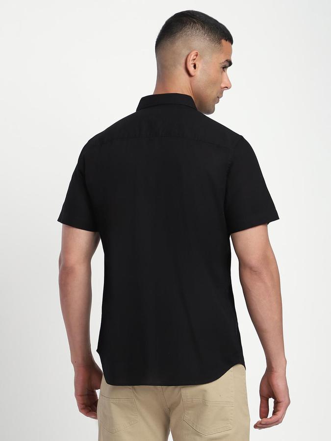 R&B Men Black Spread Collar Short Sleeves Solid Shirt
