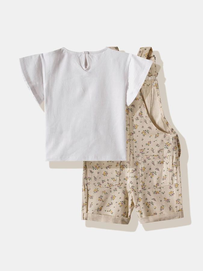 R&B Girls Beige Floral Print Cotton Ankle Length Dungarees