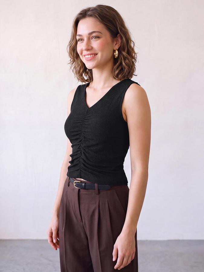R&B Women Black Self Design V-Neck Sleeveless Ruched Tank Top