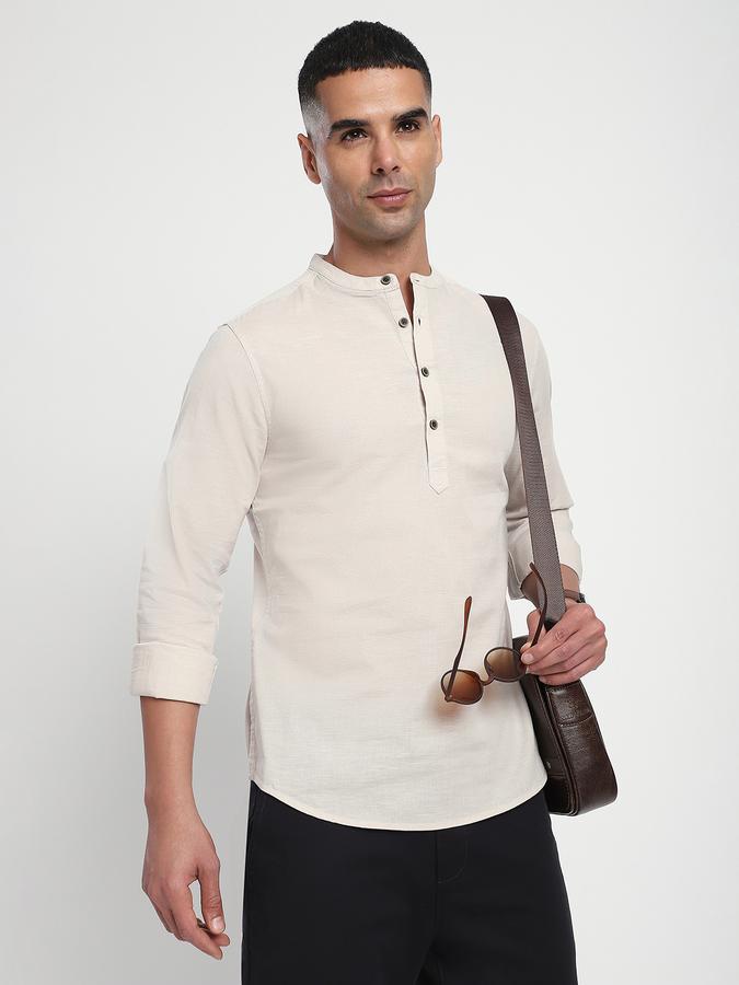 Men Cotton Slim Fit Mandarin Collar Solid Shirt