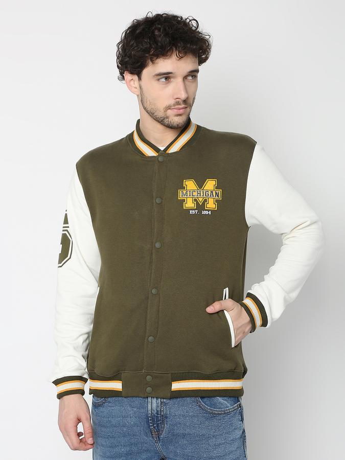 Men Cotton Regular Fit Patched Varsity Jacket