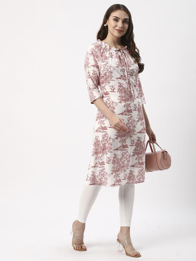 Women Poly Blend Regular Fit Tie-Up Neck Printed Kurta